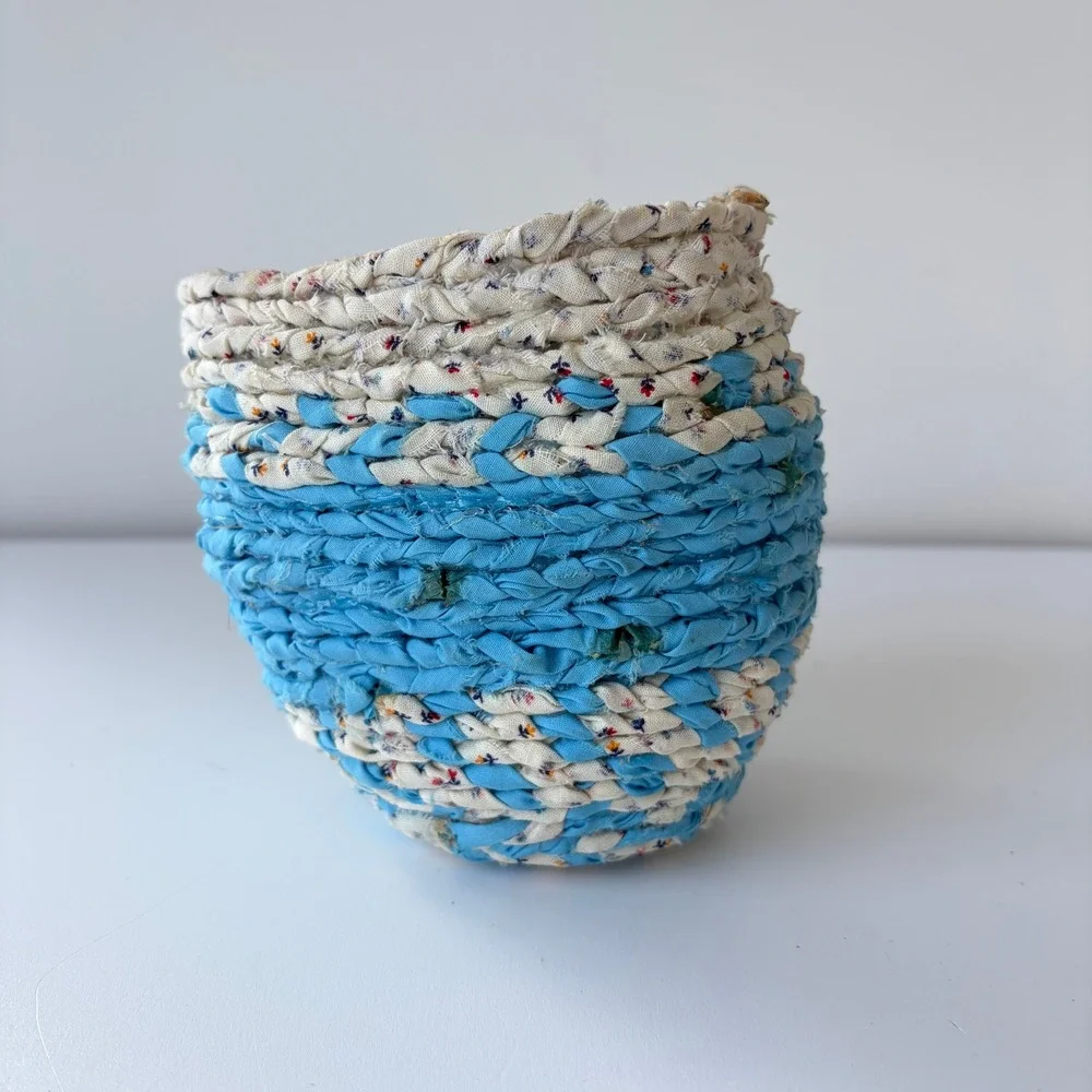 Vintage Hand Braided Fabric Rag Basket Blue Floral Coiled Cotton Storage Bowl